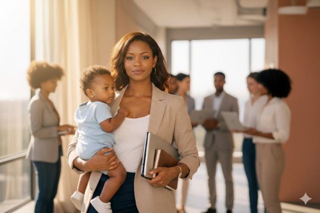 Femme maman entrepreneure ambitieuse tenant son bébé et ses dossiers de travail dans un bureau moderne avec son équipe en arrière-plan.